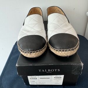 Talbots White Quilted Espadrille Slip-Ons with Black Cap Toe